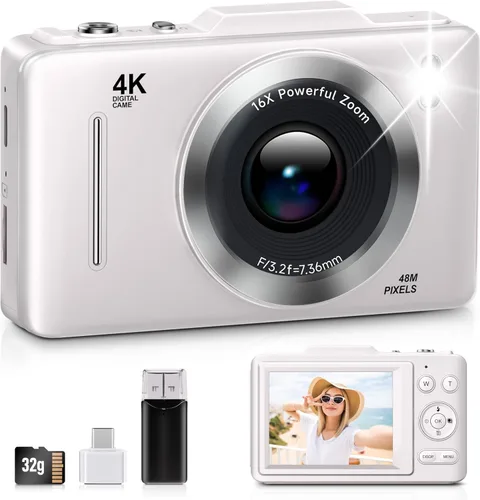 Vista 8 de Cámara Digital, FHD 1080P Cámara para Niños Digital con Zoom 16x Anti Vibración, Tarjeta de 32GB, 4K 48MP Cámaras Compactas Portátiles de Apuntar
