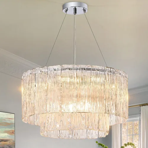 Vista 15 de CATINER Candelabro de cristal de 20 pulgadas, moderno, 6 luces, lámparas de tambor dorado, iluminación colgante de techo de lujo para entrada