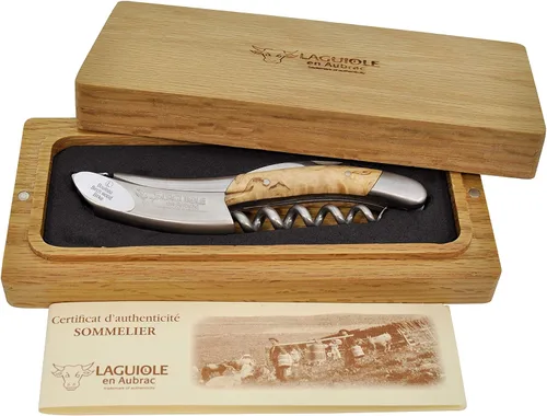 Vista 5 de Laguiole En Aubrac Sacacorchos de camarero sommelier, mango de madera de abedul, abridor de vino con cortador de papel de aluminio y abridor