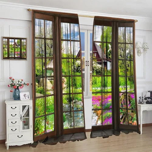 Vista 29 de Cortinas de paisaje, ventana 3D, primavera, bosque, vida silvestre, paisajes de naturaleza, dormitorio, sala de estar, cortinas térmicas opacas de 2
