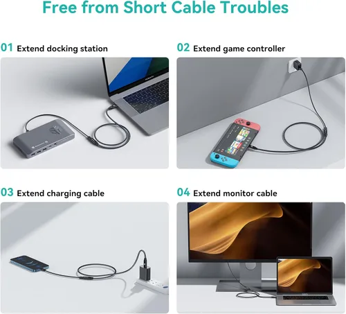 Vista 5 de Hub USB alimentado con cable USB A a C en ángulo recto y cable de extensión USB C, recto, adecuado para APC USB, laptops y consolas