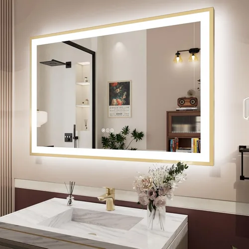 Vista 14 de Espejo de baño LED de 24x28 pulgadas con marco negro, espejos de baño retroiluminados y con luz frontal para pared, antiempañamiento, regulable