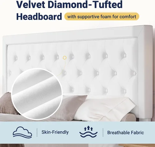 Vista 3 de Allewie - Base de cama tamaño King con tapizado de terciopelo, cabecera ajustable, diseño de botones de diamante, soporte de láminas de madera, tira