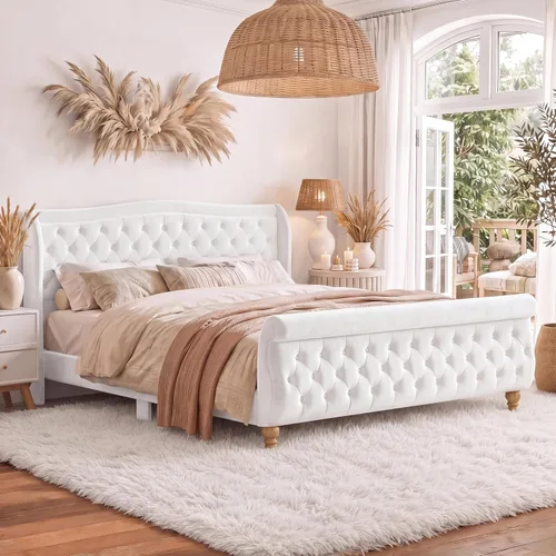 Vista 15 de SOFTSEA - Base de cama de tamaño queen de terciopelo con plataforma, base de cama tapizada con botones y cabecera de alas, 1 cajón grande y 2 Beige