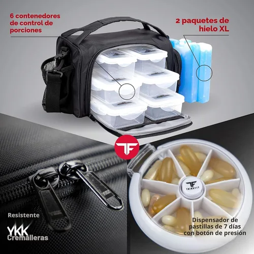 Vista 5 de ThinkFit Lonchera térmica para comida preparada con 6 contenedores para porciones de alimentos sin BPA, reutilizables, aptos para microondas y Negro