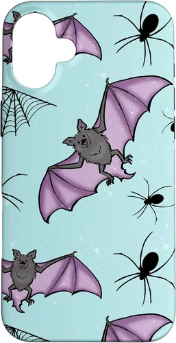 Vista 22 de iPhone 16 lindo vampiro murciélago decoración de Halloween para niñas púrpura y menta caso