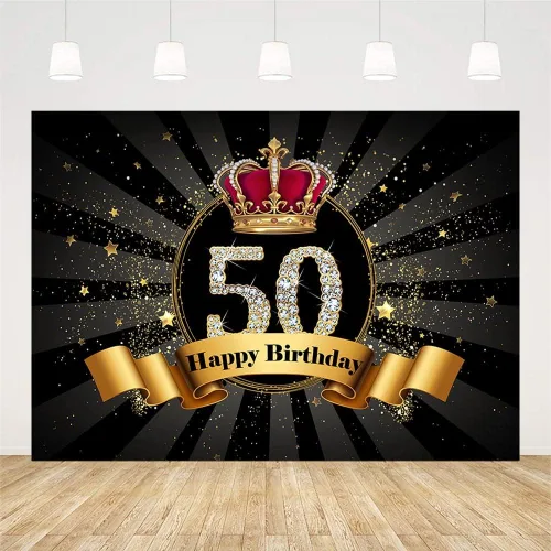 Vista 2 de SENDY Telón de fondo para fotografía de fiesta de cumpleaños número 50 de 7 x 50 pies con purpurina negra y dorada para hombre y mujer, fabulosa
