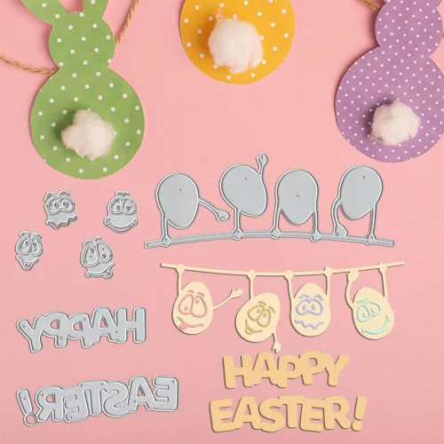 Vista 3 de Troqueles de metal para hacer tarjetas, lindos huevos de dibujos animados de Pascua, para colgar fondo, palabras, troqueles de corte para decoración