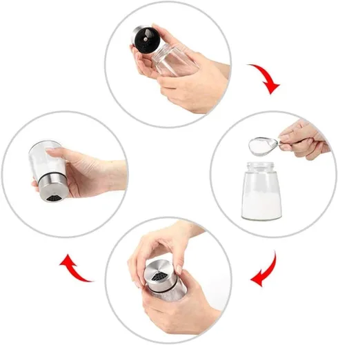 Vista 6 de Elegantes saleros y pimenteros con agujeros ajustables para verter – Juego de 2 – Acero inoxidable y vidrio de alta calidad – Juego de dispensador