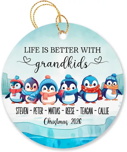Vista 22 de Árbol de Navidad personalizado para abuelos y nietos 2023, un nieto hace la vida más grandioso, adorno personalizado con nombre y texto, adornos