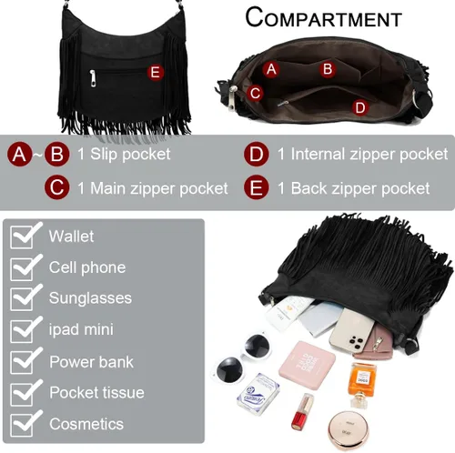 Vista 2 de Sunwel Fashion Bolso hobo con flecos para mujer, bolso de hombro estilo occidental, de ante vegano, con borlas, hippie, bandolera