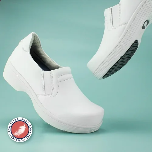 Vista 7 de Hawkwell Zuecos de cuero profesional para enfermeras, ligeros, antideslizantes y con soporte de arco para mujer, zapatos de enfermería