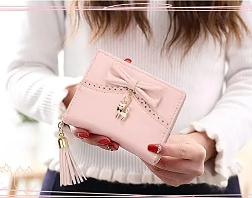 Vista 2 de UTO Cartera para niñas de piel sintética con colgante de gato con borla y cremallera, organizador de tarjetas para mujer, pequeño y lindo monedero