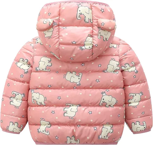 Vista 2 de Toddler Boy Girl Puffer Padded Jackets Kids Snowsuit with Bear Ears Cute Cartoon Print Hooded Down Coats Winter Warm A002
