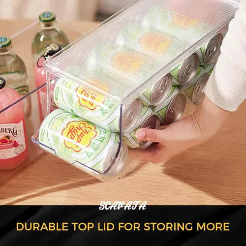 Vista 8 de SCAVATA Paquete de 2 organizadores de latas de soda para refrigerador, contenedor apilable de latas de alimentos enlatados, dispensador de latas