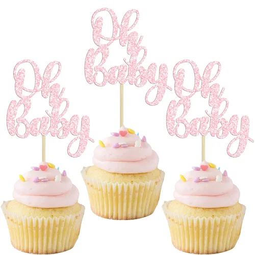 Vista 18 de Gyufise 36 piezas Adornos para cupcakes Oh Baby con moño azul y rosa, brillante dorado, adornos para cupcakes de baby shower, adornos para cupcakes