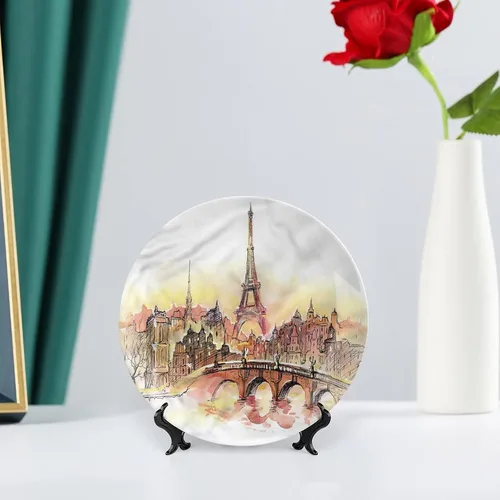 Vista 6 de XISUNYA Plato decorativo de 6 pulgadas, placa de cerámica de la Torre Eiffel, impresión de paisaje urbano de Francia, para colgar en la pared