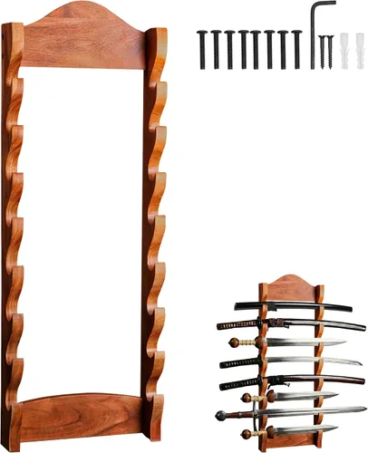 Vista 13 de Mythrojan Soporte de espada medieval de madera maciza horizontal para katana, samurái, gladiador, espadas cruzadas, soporte de mesa elegante, 1 nivel