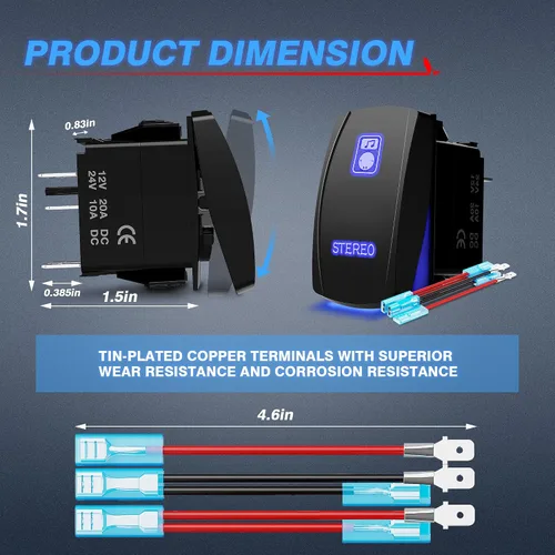 Vista 6 de MICTUNING LS083601JL - Kit de interruptor basculante estéreo láser, luz LED de encendido/apagado, 20A 12V, azul