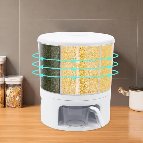 Vista 3 de Dispensador de cereales, Dispensador de grano giratorio de 360 ° de 6 rejillas, Dispensador de arroz transparente de tamaño de compartimento 24