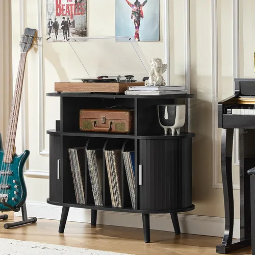 Vista 7 de LELELINKY - Pequeño soporte redondo para tocadiscos con estación de carga y estante de exhibición estriado, gabinete de tocadiscos negro de mediados