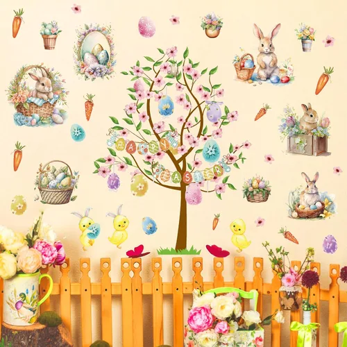 Vista 8 de Calcomanías vintage de Pascua para decoración de pared de conejo, calcomanías de ventana de Pascua, calcomanías de pared de árbol de primavera