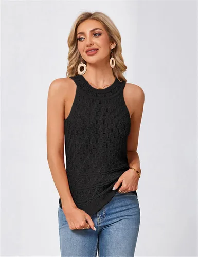 Vista 4 de JASAMBAC Suéter sin mangas para mujer, cuello redondo, ahuecado, elástico, recortado, suéter de punto