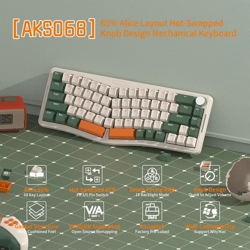 Vista 2 de ATTACK SHARK AKS068 Teclado mecánico con cable para juegos 65% Alice Layout Montaje de junta intercambiada en caliente con retroiluminación RGB