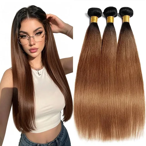 Vista 87 de P4613 Cabello humano rizado onda profunda marrón y paquetes mixtos 8 10 12 P4613 Ombre Marrón-Rubio-DP