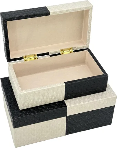 Vista 2 de Galt International Cajas de almacenamiento decorativas de cuero vegano, caja grande y pequeña con tapa con bisagras, diseño de cuero a cuadros negro