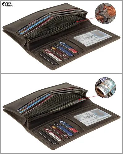 Vista 5 de Mou Meraki Cartera larga plegable de piel auténtica para hombre con bloqueo RFID