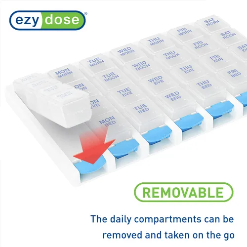 Vista 4 de EZY DOSE Semanal (7 días) 4 veces al día, organizador de pastillas con botón pulsador y planificador de vitaminas, pastilleros diarios extraíbles