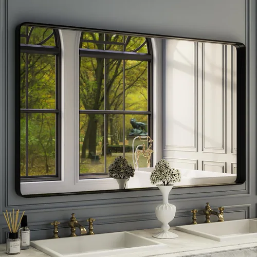 Vista 37 de ISKM Espejo con marco negro para pared de 20 x 16 pulgadas, espejo de tocador de baño antioxidante, vidrio templado, espejo rectangular redondeado