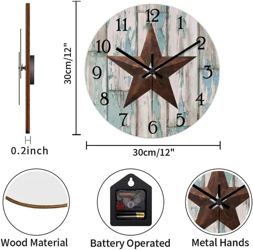 Vista 2 de Reloj de pared vintage con estrella de Texas occidental de madera rústica, sin tictac, silencioso, funciona con pilas, fácil de leer, elegante reloj