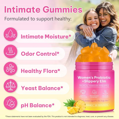 Vista 2 de Gomitas de probióticos para mujeres, gomitas veganas de probióticos femeninos con sabor a piña, apoya el equilibrio del pH, sin gluten, salud
