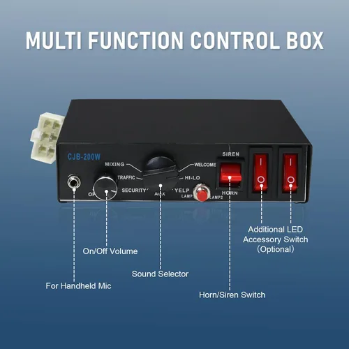 Vista 2 de DICMIC Sistema de bocina PA de sirena de emergencia de 200W con 8 tonos con micrófono de mano y 2 interruptores de control de luces