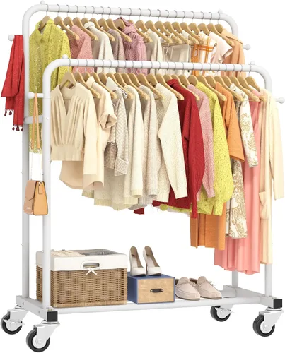Vista 10 de Laiensia - Perchero de doble varilla con ruedas, estante para colgar ropa, 4 ganchos, estante multifuncional para dormitorio, color negro