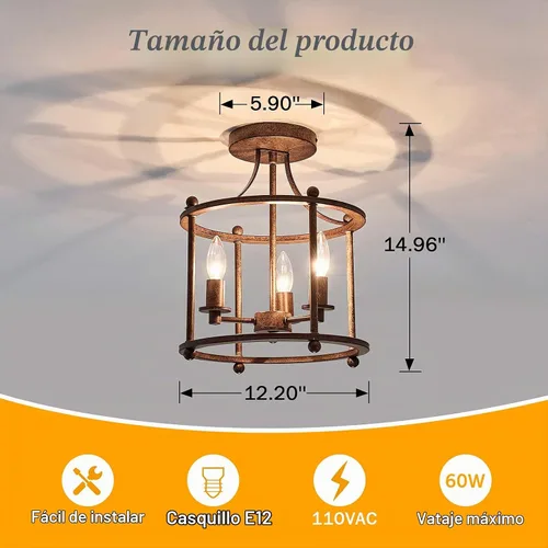 Vista 2 de UOFUS - Lámpara de techo de 3 luces estilo granja vintage, semiempotrada, en bronce rústico metálico, para isla, sala de estar, dormitorio, cocina