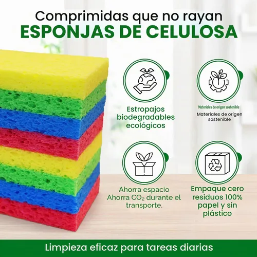 Vista 6 de Esponjas de celulosa – Paquete de 24 esponjas multicolor comprimidas naturales para cocina – A base de plantas, biodegradables, antiarañazos, secado