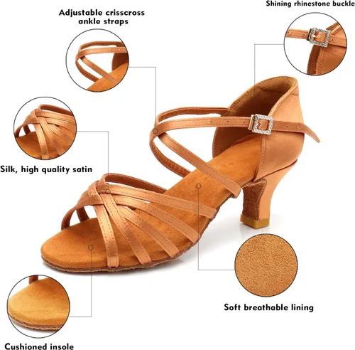 Vista 5 de Zapatos de baile latino para mujer, de satén, profesional, para sala de baile, salsa, práctica, rendimiento
