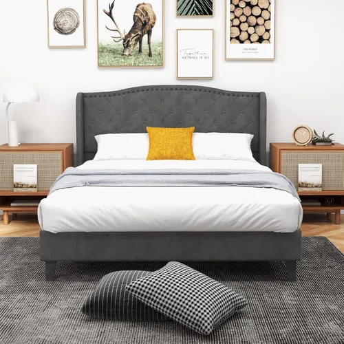Vista 12 de GIANTEX - Base de cama individual para niños, cama tapizada de tela moderna con cabecera capitoné con botón de alas en la parte trasera, listones