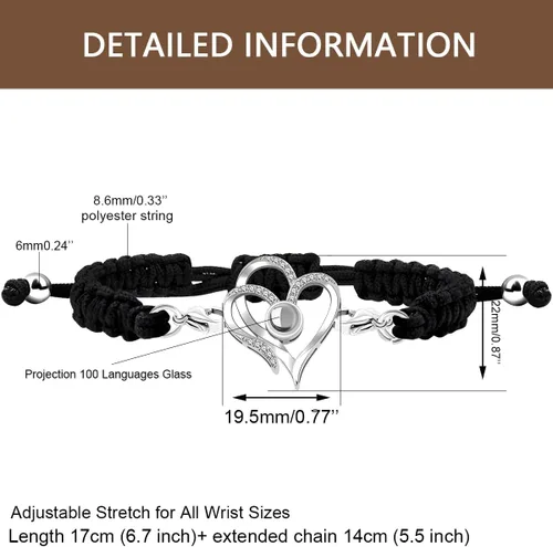 Vista 7 de Pulsera y collar de corazón con dije de proyección en 100 idiomas hechos a mano y collar de doble uso, pulsera de corazón con texto en inglés "I