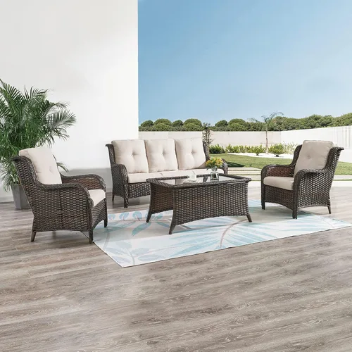 Vista 31 de HUMMUH Juego de 2 sillas de mimbre para patio, sillas de comedor de ratán de polietileno para exteriores, con cojines de asiento de 4 pulgadas