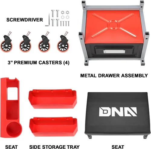 Vista 4 de DNA Motoring TOOLS-00198 - Taburete de asiento de rodillo mecánico de altura ajustable con cojín acolchado, cajón de almacenamiento de herramientas