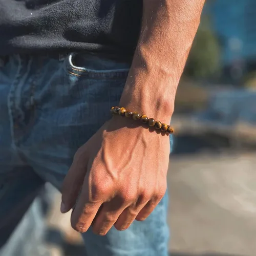 Vista 6 de RANKEEF - Pulsera de ojo de tigre para hombre, elástica, ajustable, cuentas de vidrio color negro, 516 de pulgada