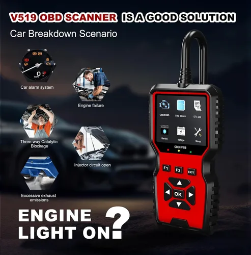 Vista 8 de V519 OBD2 Herramienta de diagnóstico escáner – Vechicle Check Motor Lector de código de luz con probador de voltaje de batería, preparación I/M, Rojo