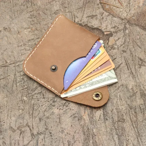 Vista 4 de Bolsillo frontal ultradelgado de cuero hecho a mano cartera simple delgada para tarjetas tarjetero cartera para tarjetas de presentación para Marrón