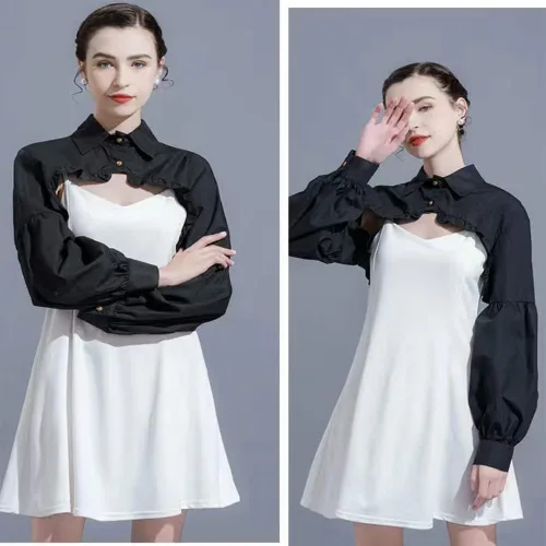 Vista 3 de Media camisa de manga larga, recortada, blusa de cuello falso desmontable para mujer Negro-a