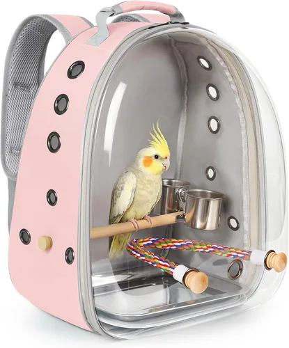 Vista 10 de Jaula de transporte de pájaros, cápsula de espacio transparente, mochila de astronauta para llevar periquitos, cacatúas, loro con bandeja de metal