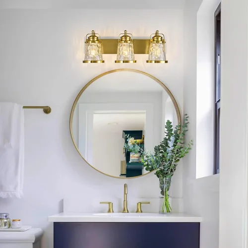 Vista 7 de Lámpara de tocador de baño de 3 luces, moderna, industrial, dorada, con accesorios de cristal para el baño sobre el espejo